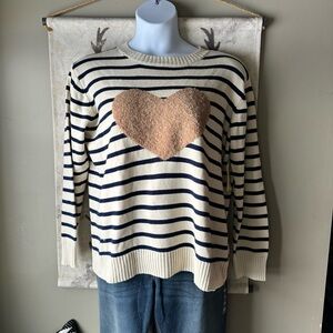 St. John's Bay Cream and Navy Striped teddy Heart Sweater